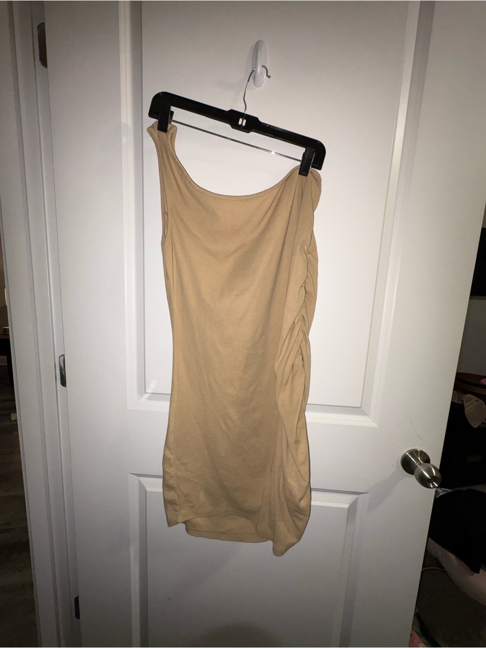 One-Shoulder Ruched Dress in Beige